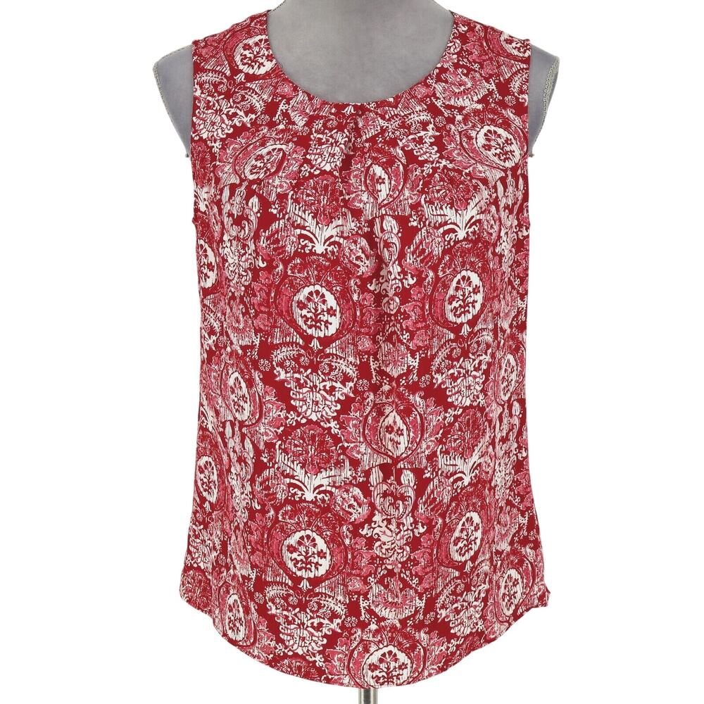 Talbots Top Womens 4 Red White Floral Pleated Blouse Sleeveless Romantic Whimsy
